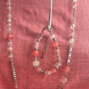 Tocara Coral & Silver 3 Piece Set  (Necklace, Bracelet & Earrings) (J68)